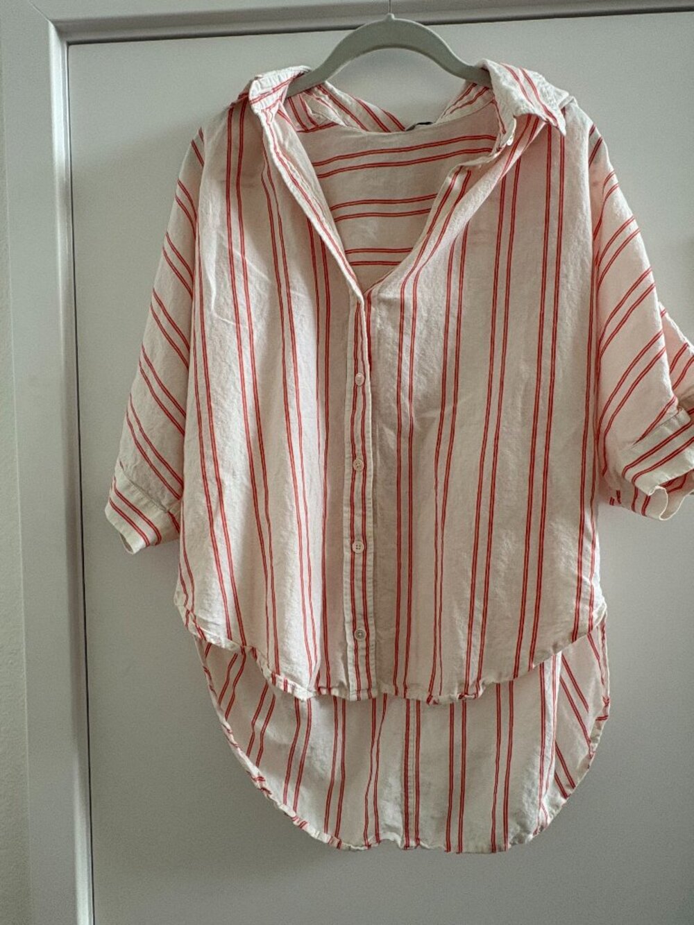 Madewell Red Striped Oversized Linen Blend Central Drapey Button Down Shirt, L